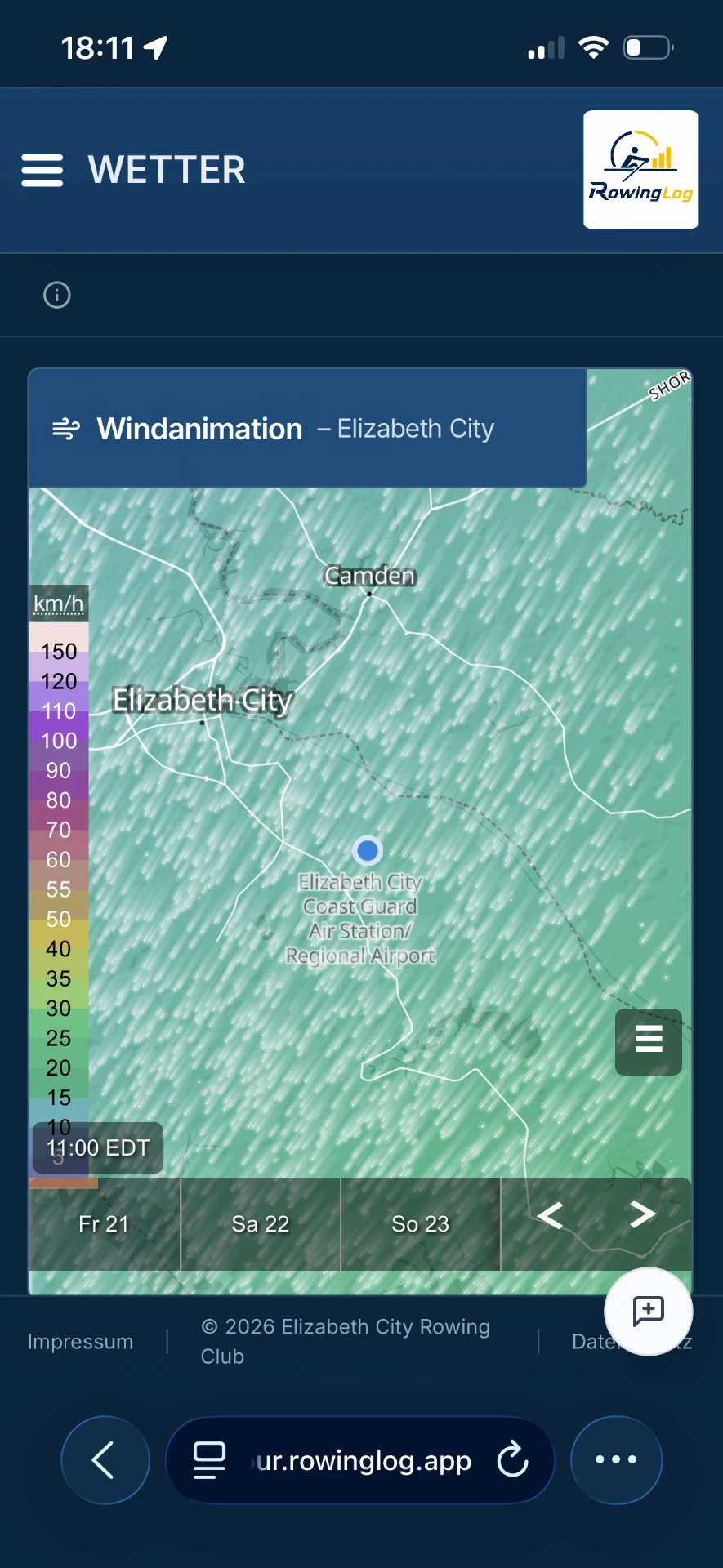RowingLog Windanimation auf dem Smartphone